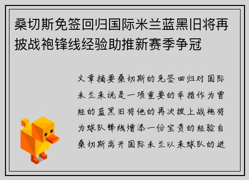 桑切斯免签回归国际米兰蓝黑旧将再披战袍锋线经验助推新赛季争冠 桑切斯免签回归国际米兰蓝黑旧将再披战袍锋线经验助推新赛季争冠