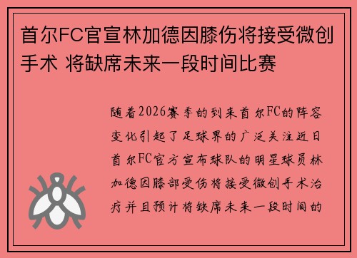 首尔FC官宣林加德因膝伤将接受微创手术 将缺席未来一段时间比赛
